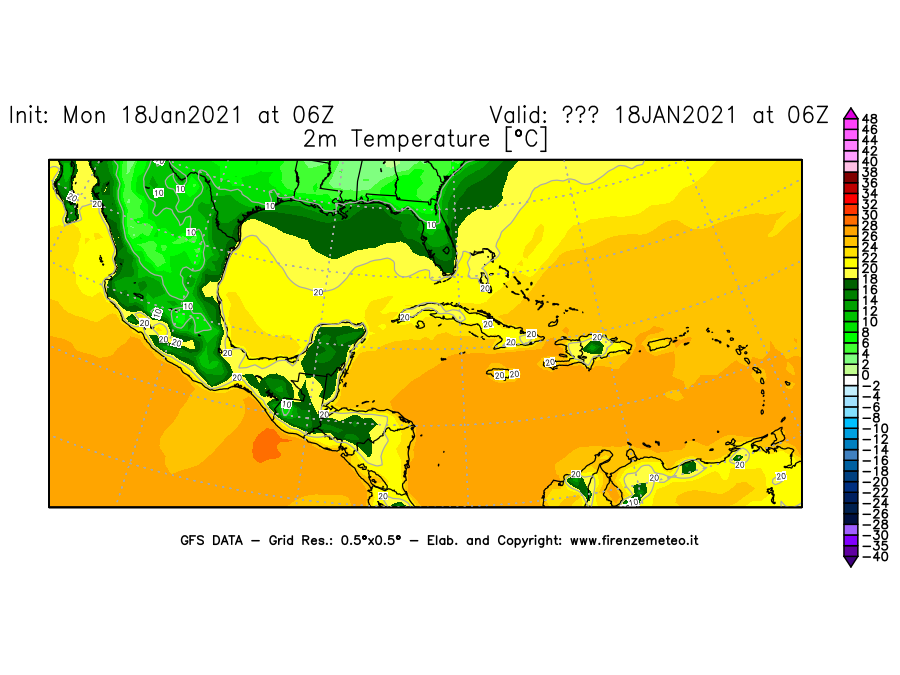 Mappa di analisi GFS - Temperatura a 2 metri dal suolo [°C] in Centro-America
									del 18/01/2021 06 <!--googleoff: index-->UTC<!--googleon: index-->
