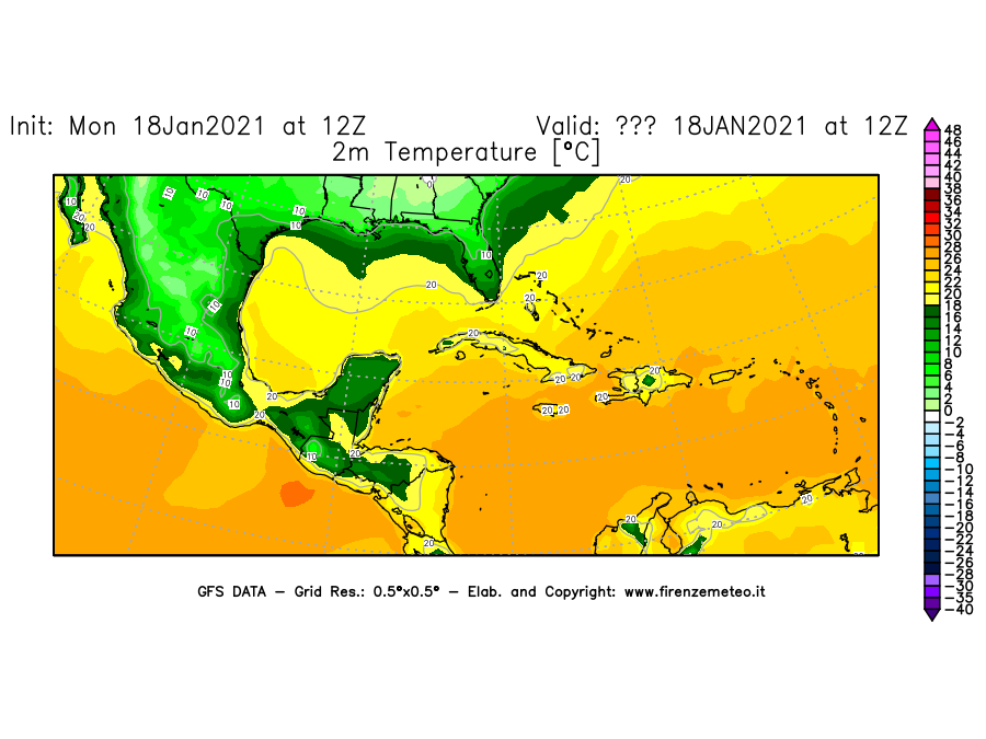 Mappa di analisi GFS - Temperatura a 2 metri dal suolo [°C] in Centro-America
									del 18/01/2021 12 <!--googleoff: index-->UTC<!--googleon: index-->