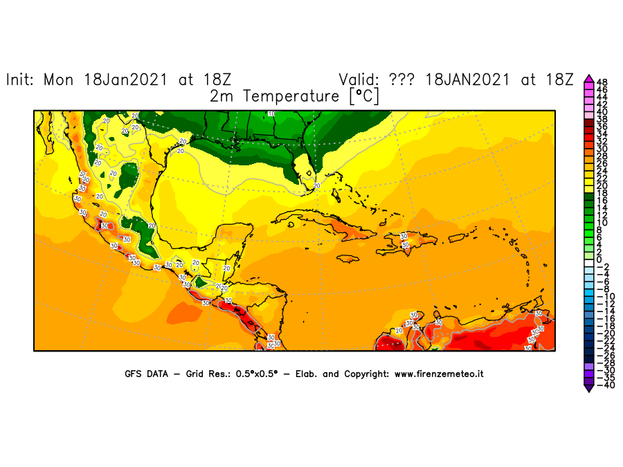 Mappa di analisi GFS - Temperatura a 2 metri dal suolo [°C] in Centro-America
									del 18/01/2021 18 <!--googleoff: index-->UTC<!--googleon: index-->