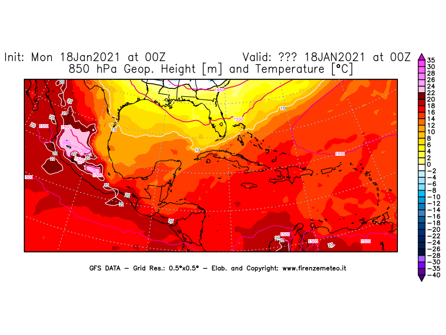 Mappa di analisi GFS - Geopotenziale [m] e Temperatura [°C] a 850 hPa in Centro-America
									del 18/01/2021 00 <!--googleoff: index-->UTC<!--googleon: index-->