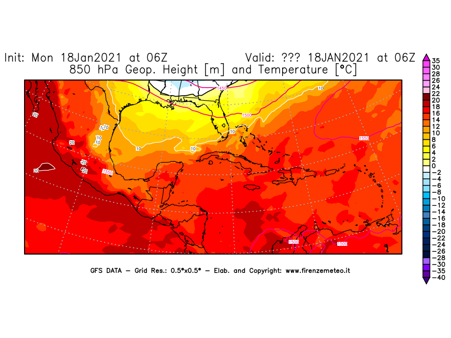 Mappa di analisi GFS - Geopotenziale [m] e Temperatura [°C] a 850 hPa in Centro-America
									del 18/01/2021 06 <!--googleoff: index-->UTC<!--googleon: index-->