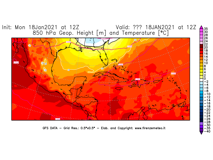 Mappa di analisi GFS - Geopotenziale [m] e Temperatura [°C] a 850 hPa in Centro-America
									del 18/01/2021 12 <!--googleoff: index-->UTC<!--googleon: index-->