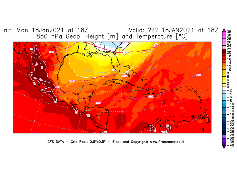 Mappa di analisi GFS - Geopotenziale [m] e Temperatura [°C] a 850 hPa in Centro-America
									del 18/01/2021 18 <!--googleoff: index-->UTC<!--googleon: index-->