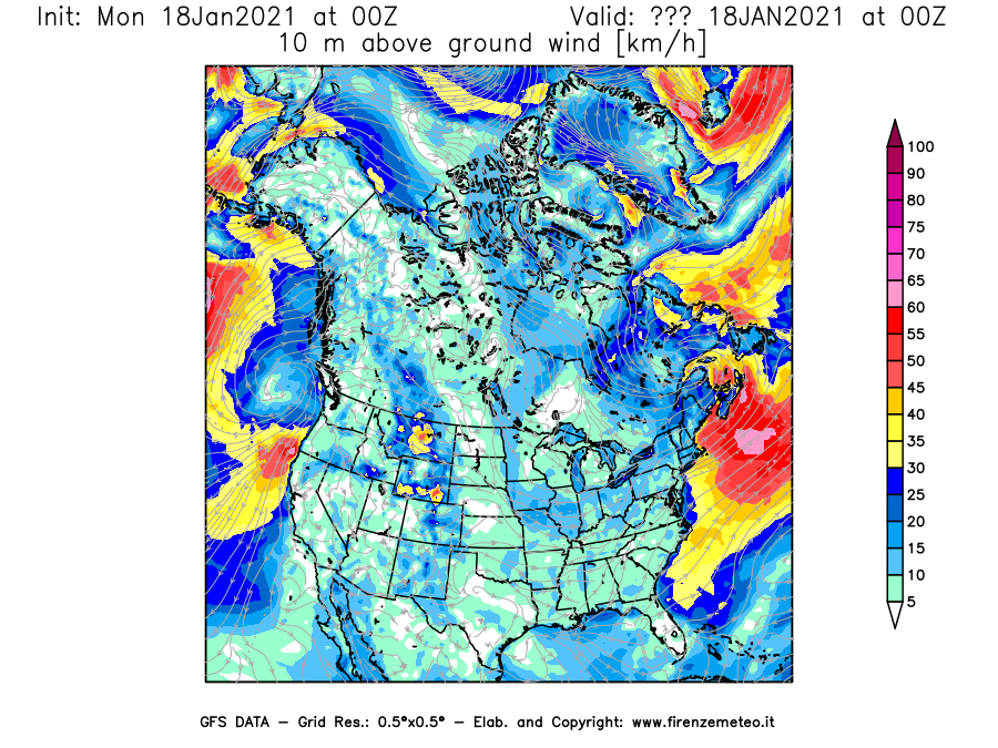 Mappa di analisi GFS - Velocità del vento a 10 metri dal suolo [km/h] in Nord-America
									del 18/01/2021 00 <!--googleoff: index-->UTC<!--googleon: index-->