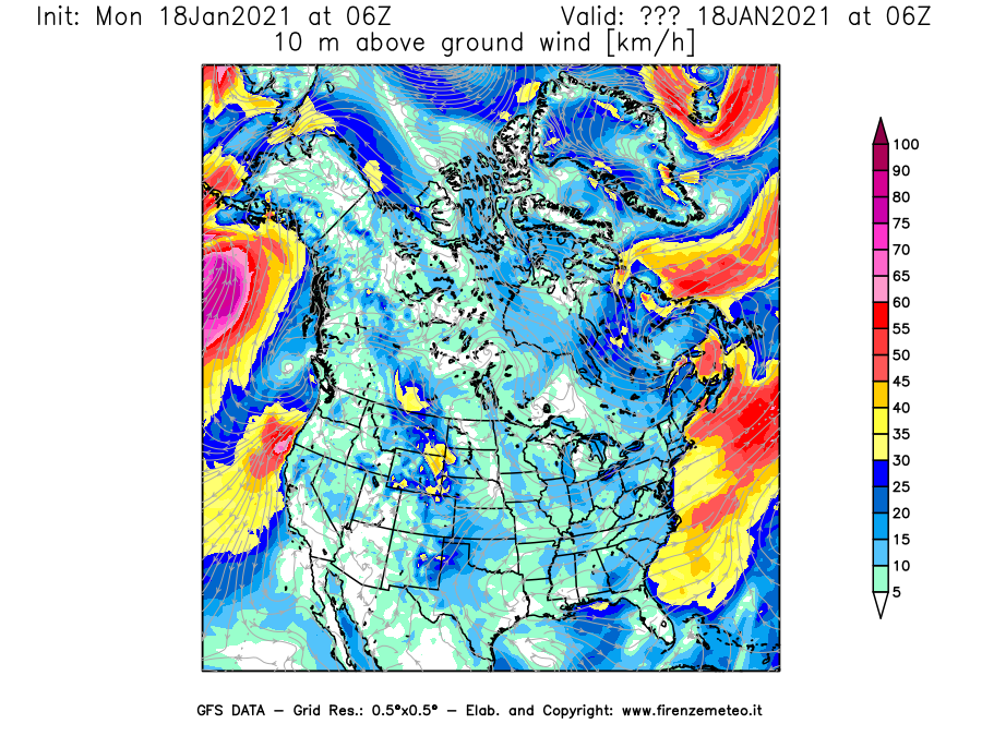 Mappa di analisi GFS - Velocità del vento a 10 metri dal suolo [km/h] in Nord-America
									del 18/01/2021 06 <!--googleoff: index-->UTC<!--googleon: index-->