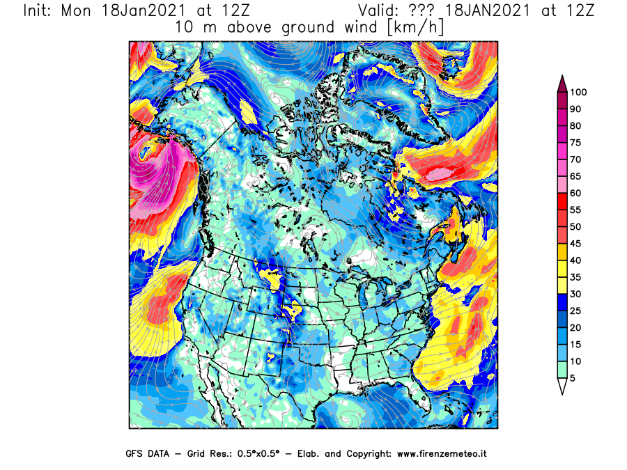 Mappa di analisi GFS - Velocità del vento a 10 metri dal suolo [km/h] in Nord-America
									del 18/01/2021 12 <!--googleoff: index-->UTC<!--googleon: index-->