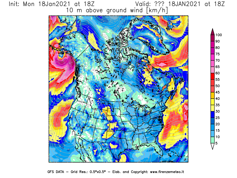 Mappa di analisi GFS - Velocità del vento a 10 metri dal suolo [km/h] in Nord-America
									del 18/01/2021 18 <!--googleoff: index-->UTC<!--googleon: index-->