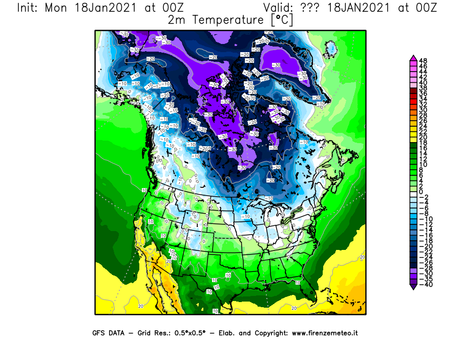 Mappa di analisi GFS - Temperatura a 2 metri dal suolo [°C] in Nord-America
									del 18/01/2021 00 <!--googleoff: index-->UTC<!--googleon: index-->