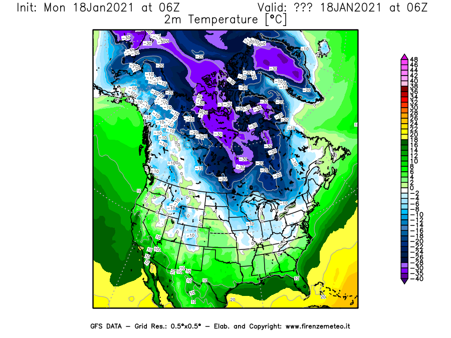 Mappa di analisi GFS - Temperatura a 2 metri dal suolo [°C] in Nord-America
									del 18/01/2021 06 <!--googleoff: index-->UTC<!--googleon: index-->