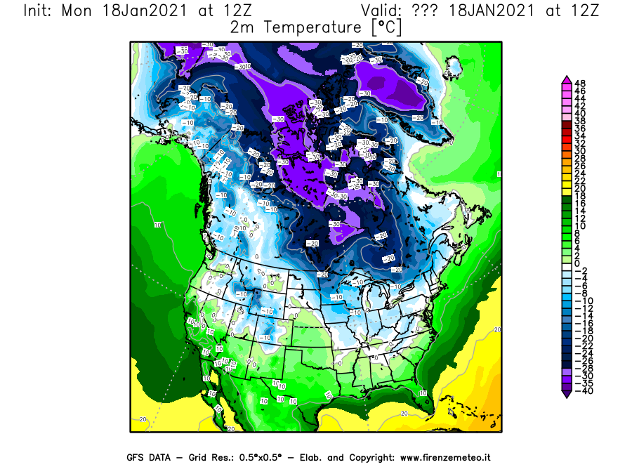 Mappa di analisi GFS - Temperatura a 2 metri dal suolo [°C] in Nord-America
									del 18/01/2021 12 <!--googleoff: index-->UTC<!--googleon: index-->