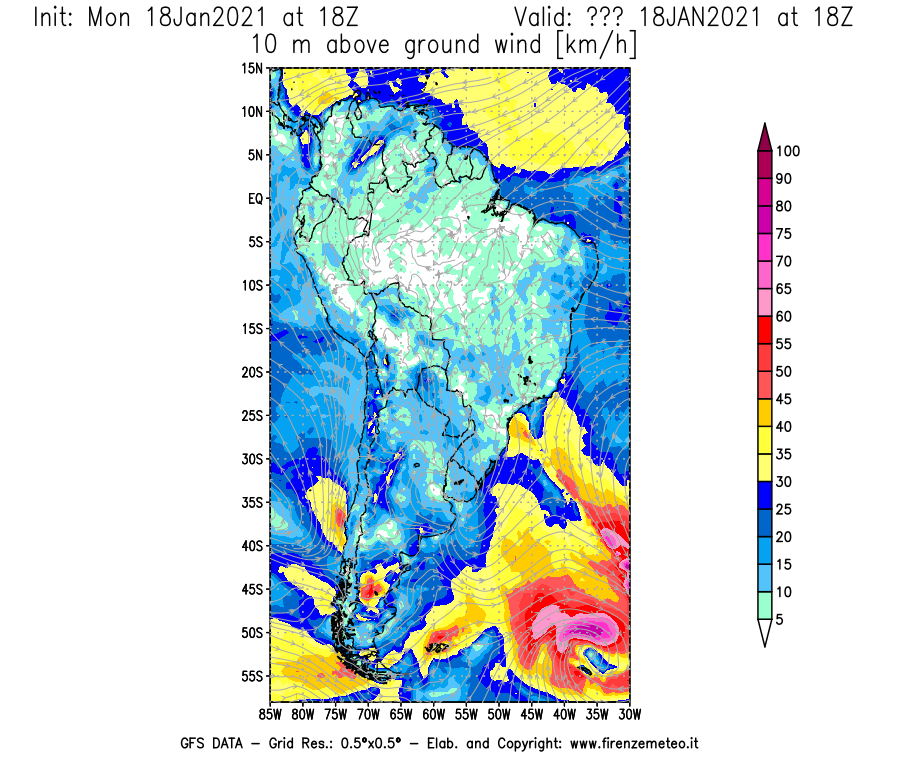 Mappa di analisi GFS - Velocità del vento a 10 metri dal suolo [km/h] in Sud-America
									del 18/01/2021 18 <!--googleoff: index-->UTC<!--googleon: index-->