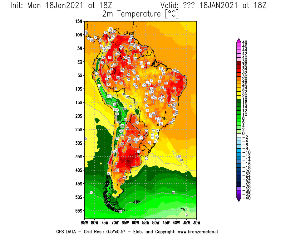 Mappa di analisi GFS - Temperatura a 2 metri dal suolo [°C] in Sud-America
									del 18/01/2021 18 <!--googleoff: index-->UTC<!--googleon: index-->