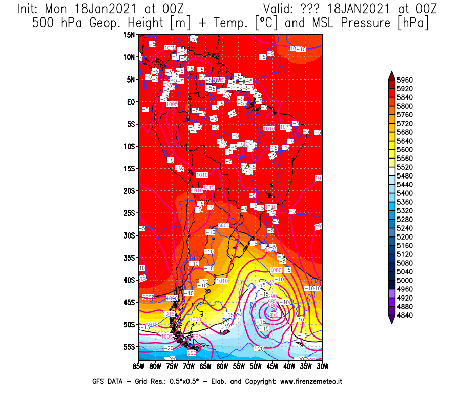 Mappa di analisi GFS - Geopotenziale [m] + Temp. [°C] a 500 hPa + Press. a livello del mare [hPa] in Sud-America
									del 18/01/2021 00 <!--googleoff: index-->UTC<!--googleon: index-->