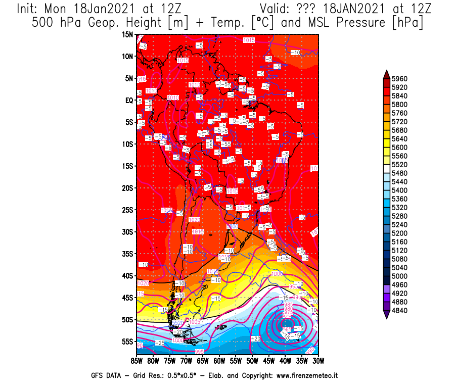 Mappa di analisi GFS - Geopotenziale [m] + Temp. [°C] a 500 hPa + Press. a livello del mare [hPa] in Sud-America
									del 18/01/2021 12 <!--googleoff: index-->UTC<!--googleon: index-->