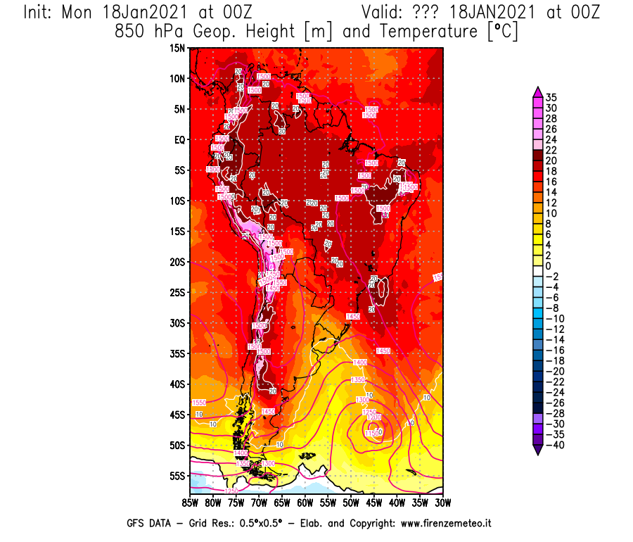 Mappa di analisi GFS - Geopotenziale [m] e Temperatura [°C] a 850 hPa in Sud-America
									del 18/01/2021 00 <!--googleoff: index-->UTC<!--googleon: index-->