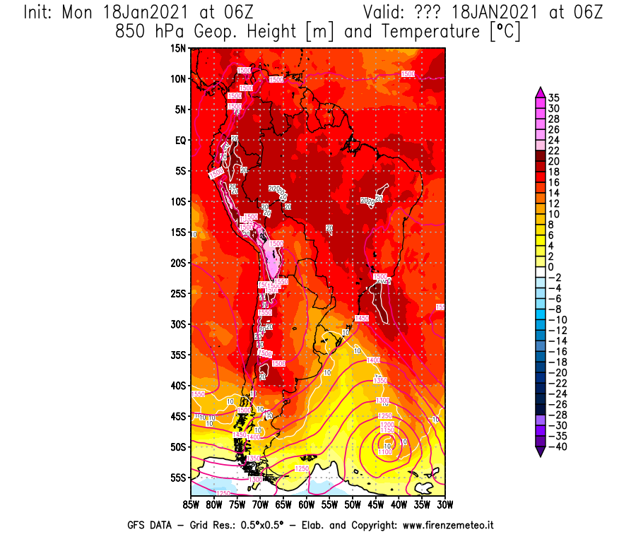 Mappa di analisi GFS - Geopotenziale [m] e Temperatura [°C] a 850 hPa in Sud-America
									del 18/01/2021 06 <!--googleoff: index-->UTC<!--googleon: index-->