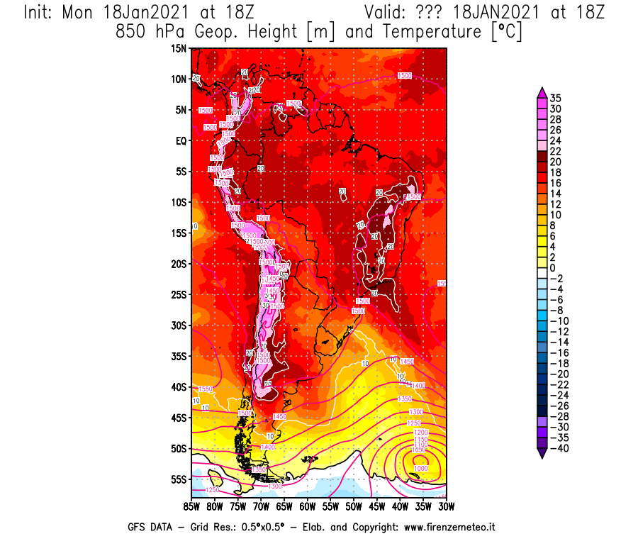 Mappa di analisi GFS - Geopotenziale [m] e Temperatura [°C] a 850 hPa in Sud-America
									del 18/01/2021 18 <!--googleoff: index-->UTC<!--googleon: index-->