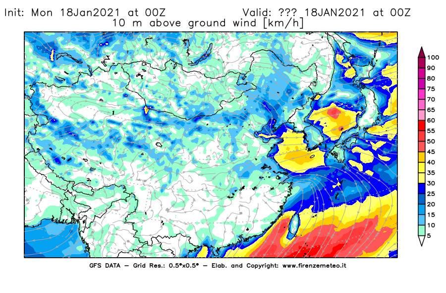 Mappa di analisi GFS - Velocità del vento a 10 metri dal suolo [km/h] in Asia Orientale
									del 18/01/2021 00 <!--googleoff: index-->UTC<!--googleon: index-->