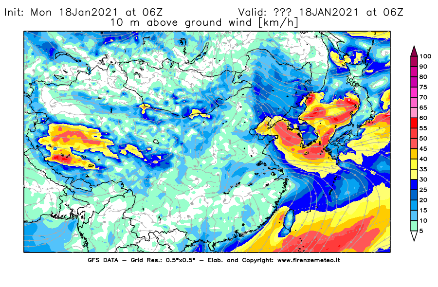 Mappa di analisi GFS - Velocità del vento a 10 metri dal suolo [km/h] in Asia Orientale
									del 18/01/2021 06 <!--googleoff: index-->UTC<!--googleon: index-->