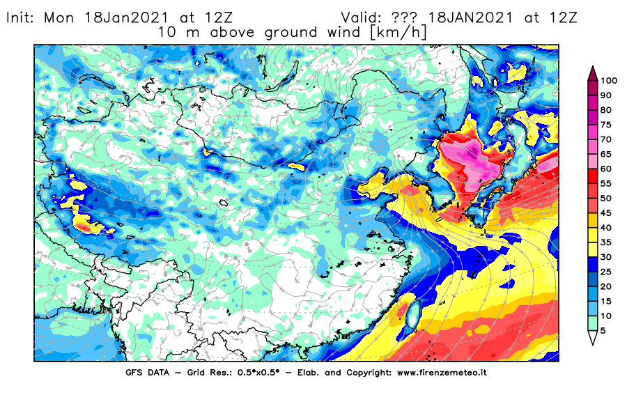 Mappa di analisi GFS - Velocità del vento a 10 metri dal suolo [km/h] in Asia Orientale
									del 18/01/2021 12 <!--googleoff: index-->UTC<!--googleon: index-->
