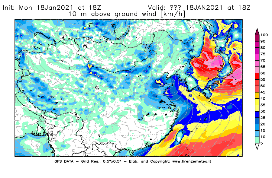 Mappa di analisi GFS - Velocità del vento a 10 metri dal suolo [km/h] in Asia Orientale
									del 18/01/2021 18 <!--googleoff: index-->UTC<!--googleon: index-->