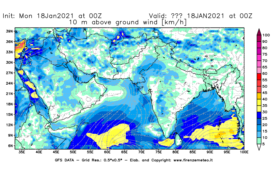 Mappa di analisi GFS - Velocità del vento a 10 metri dal suolo [km/h] in Asia Sud-Occidentale
									del 18/01/2021 00 <!--googleoff: index-->UTC<!--googleon: index-->