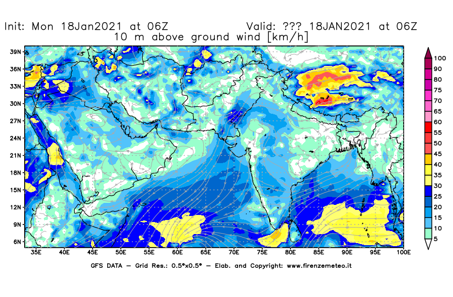 Mappa di analisi GFS - Velocità del vento a 10 metri dal suolo [km/h] in Asia Sud-Occidentale
									del 18/01/2021 06 <!--googleoff: index-->UTC<!--googleon: index-->