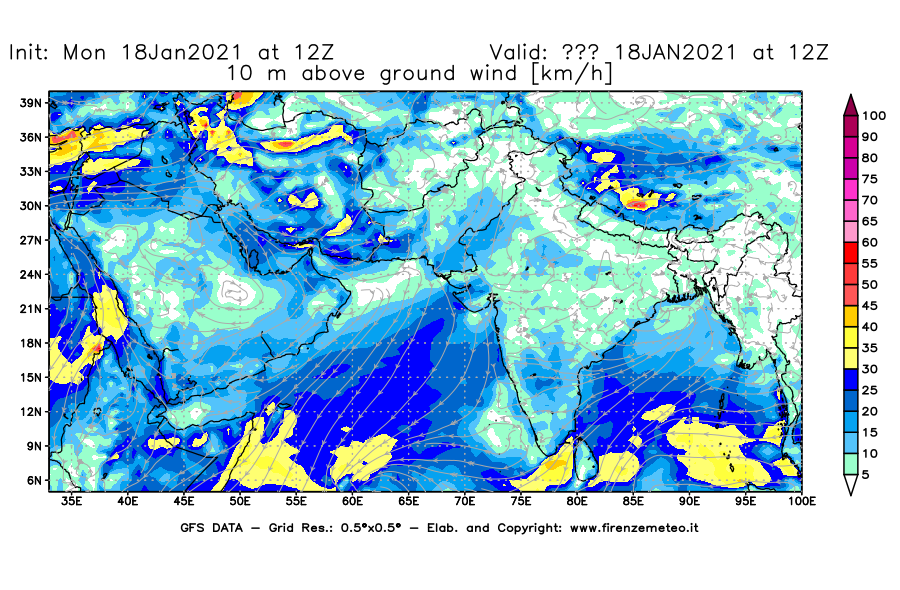 Mappa di analisi GFS - Velocità del vento a 10 metri dal suolo [km/h] in Asia Sud-Occidentale
									del 18/01/2021 12 <!--googleoff: index-->UTC<!--googleon: index-->