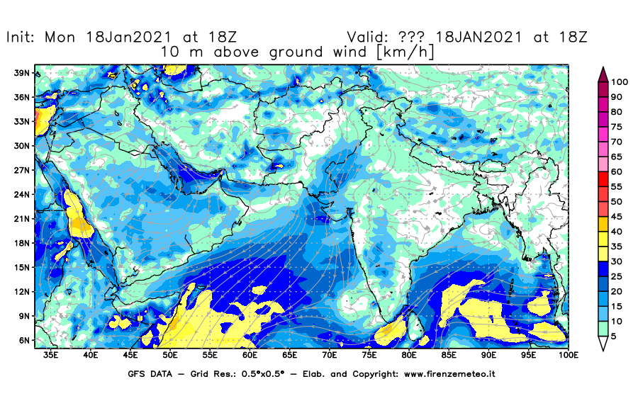 Mappa di analisi GFS - Velocità del vento a 10 metri dal suolo [km/h] in Asia Sud-Occidentale
									del 18/01/2021 18 <!--googleoff: index-->UTC<!--googleon: index-->