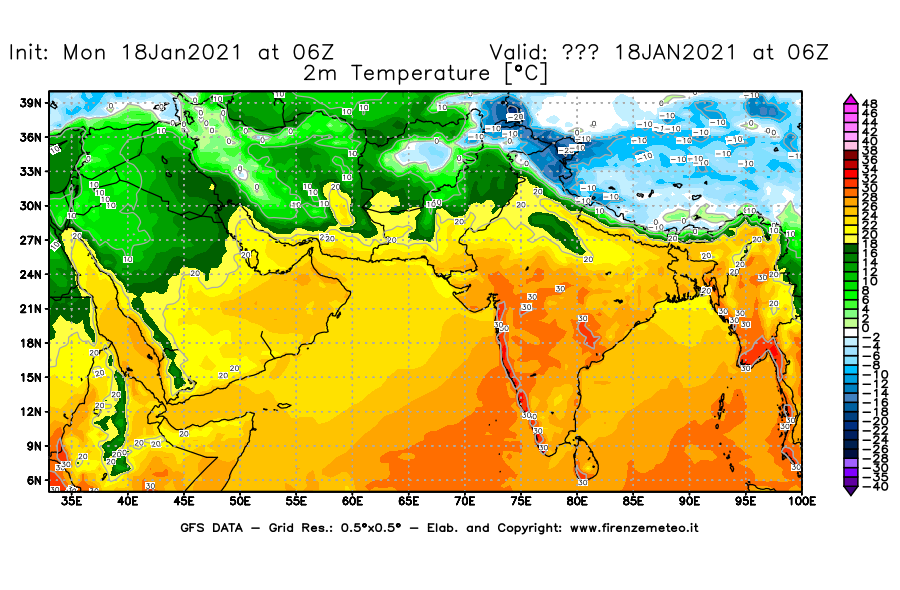 Mappa di analisi GFS - Temperatura a 2 metri dal suolo [°C] in Asia Sud-Occidentale
									del 18/01/2021 06 <!--googleoff: index-->UTC<!--googleon: index-->
