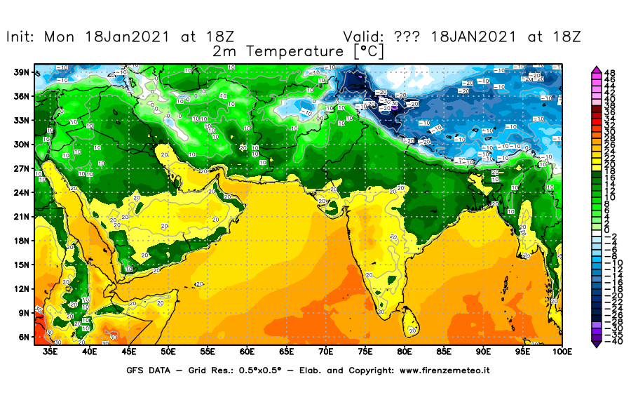 Mappa di analisi GFS - Temperatura a 2 metri dal suolo [°C] in Asia Sud-Occidentale
									del 18/01/2021 18 <!--googleoff: index-->UTC<!--googleon: index-->