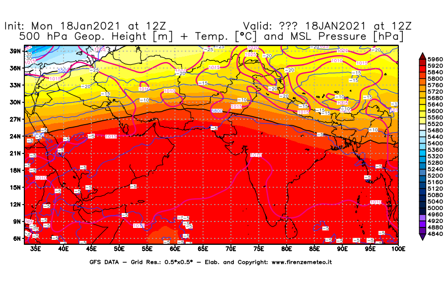 Mappa di analisi GFS - Geopotenziale [m] + Temp. [°C] a 500 hPa + Press. a livello del mare [hPa] in Asia Sud-Occidentale
									del 18/01/2021 12 <!--googleoff: index-->UTC<!--googleon: index-->