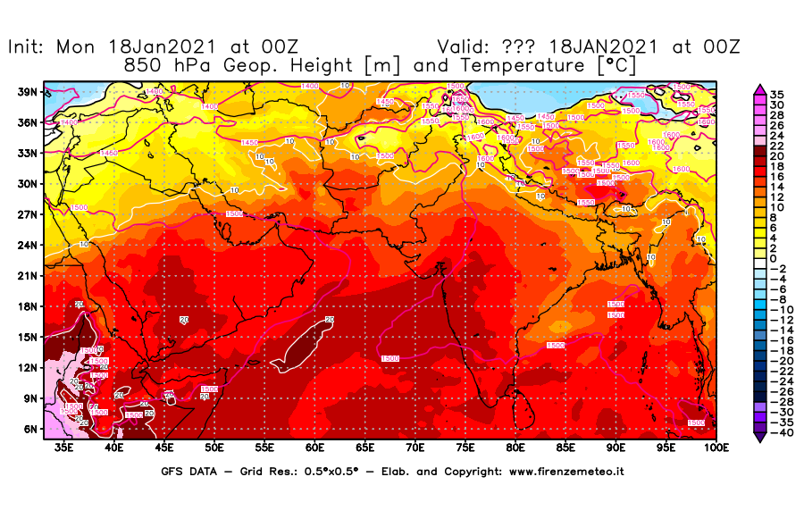 Mappa di analisi GFS - Geopotenziale [m] e Temperatura [°C] a 850 hPa in Asia Sud-Occidentale
									del 18/01/2021 00 <!--googleoff: index-->UTC<!--googleon: index-->
