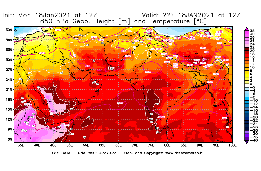 Mappa di analisi GFS - Geopotenziale [m] e Temperatura [°C] a 850 hPa in Asia Sud-Occidentale
									del 18/01/2021 12 <!--googleoff: index-->UTC<!--googleon: index-->