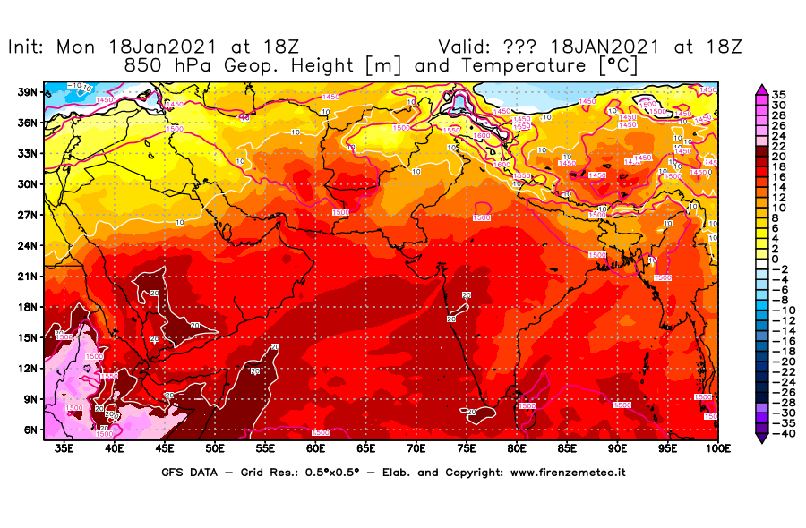 Mappa di analisi GFS - Geopotenziale [m] e Temperatura [°C] a 850 hPa in Asia Sud-Occidentale
									del 18/01/2021 18 <!--googleoff: index-->UTC<!--googleon: index-->