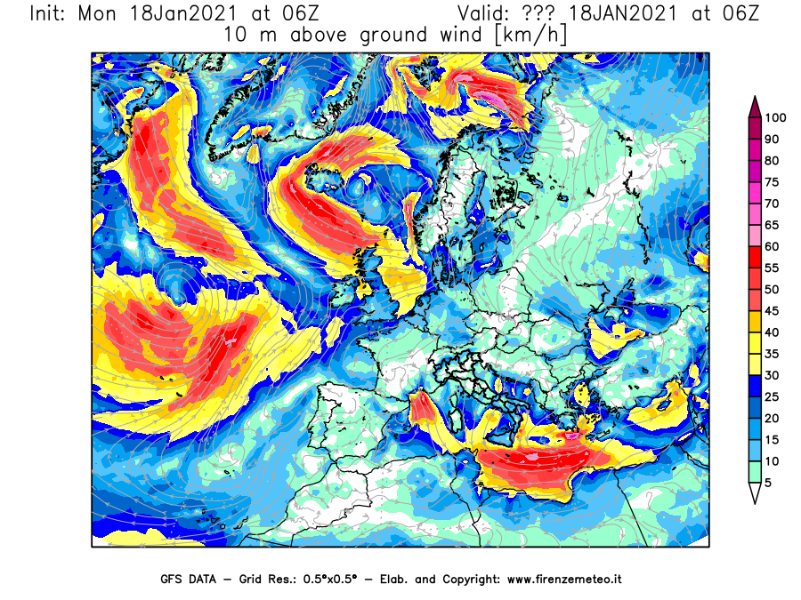Mappa di analisi GFS - Velocità del vento a 10 metri dal suolo [km/h] in Europa
									del 18/01/2021 06 <!--googleoff: index-->UTC<!--googleon: index-->