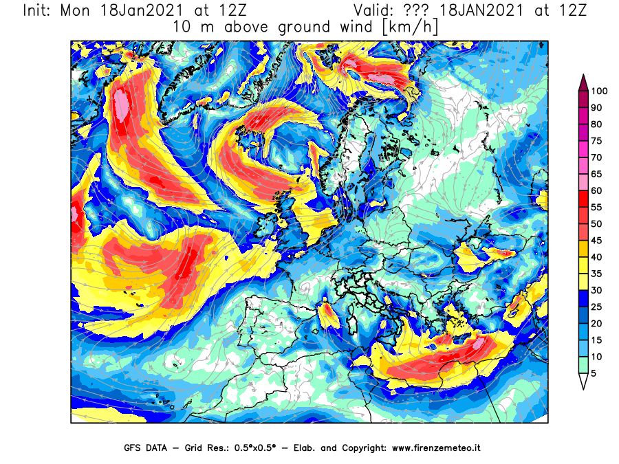 Mappa di analisi GFS - Velocità del vento a 10 metri dal suolo [km/h] in Europa
									del 18/01/2021 12 <!--googleoff: index-->UTC<!--googleon: index-->