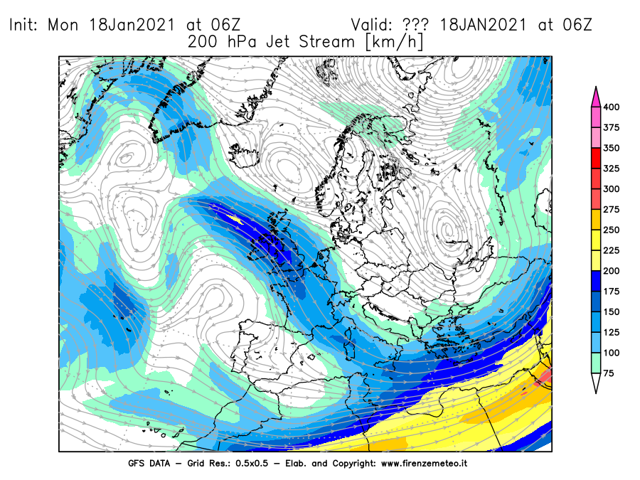Mappa di analisi GFS - Jet Stream a 200 hPa in Europa
									del 18/01/2021 06 <!--googleoff: index-->UTC<!--googleon: index-->