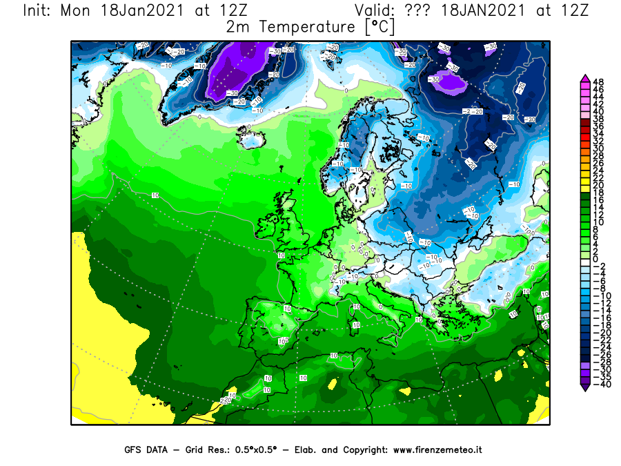 Mappa di analisi GFS - Temperatura a 2 metri dal suolo [°C] in Europa
									del 18/01/2021 12 <!--googleoff: index-->UTC<!--googleon: index-->