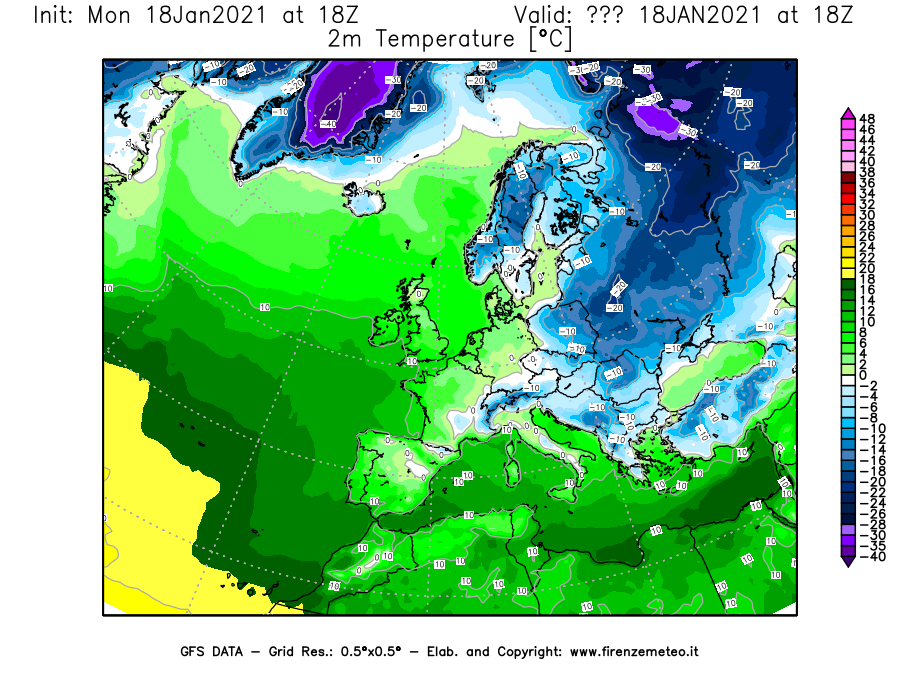 Mappa di analisi GFS - Temperatura a 2 metri dal suolo [°C] in Europa
									del 18/01/2021 18 <!--googleoff: index-->UTC<!--googleon: index-->