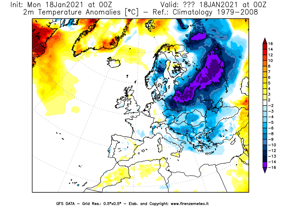 Mappa di analisi GFS - Anomalia Temperatura [°C] a 2 m in Europa
									del 18/01/2021 00 <!--googleoff: index-->UTC<!--googleon: index-->