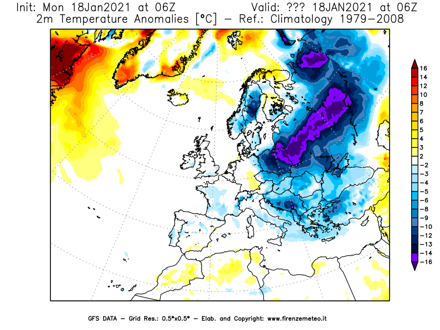 Mappa di analisi GFS - Anomalia Temperatura [°C] a 2 m in Europa
									del 18/01/2021 06 <!--googleoff: index-->UTC<!--googleon: index-->