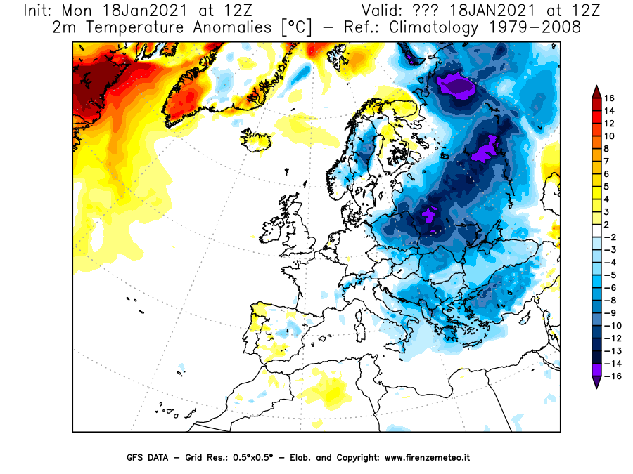 Mappa di analisi GFS - Anomalia Temperatura [°C] a 2 m in Europa
									del 18/01/2021 12 <!--googleoff: index-->UTC<!--googleon: index-->