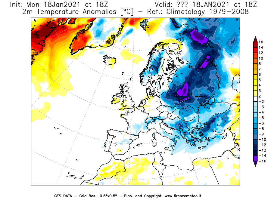Mappa di analisi GFS - Anomalia Temperatura [°C] a 2 m in Europa
									del 18/01/2021 18 <!--googleoff: index-->UTC<!--googleon: index-->