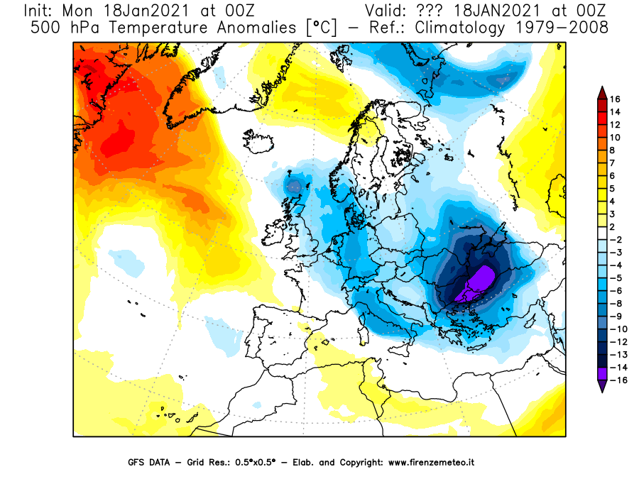 Mappa di analisi GFS - Anomalia Temperatura [°C] a 500 hPa in Europa
									del 18/01/2021 00 <!--googleoff: index-->UTC<!--googleon: index-->