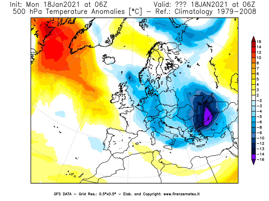 Mappa di analisi GFS - Anomalia Temperatura [°C] a 500 hPa in Europa
									del 18/01/2021 06 <!--googleoff: index-->UTC<!--googleon: index-->