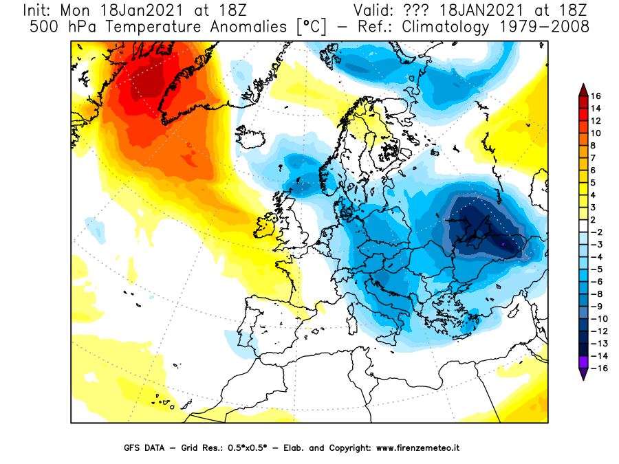 Mappa di analisi GFS - Anomalia Temperatura [°C] a 500 hPa in Europa
									del 18/01/2021 18 <!--googleoff: index-->UTC<!--googleon: index-->