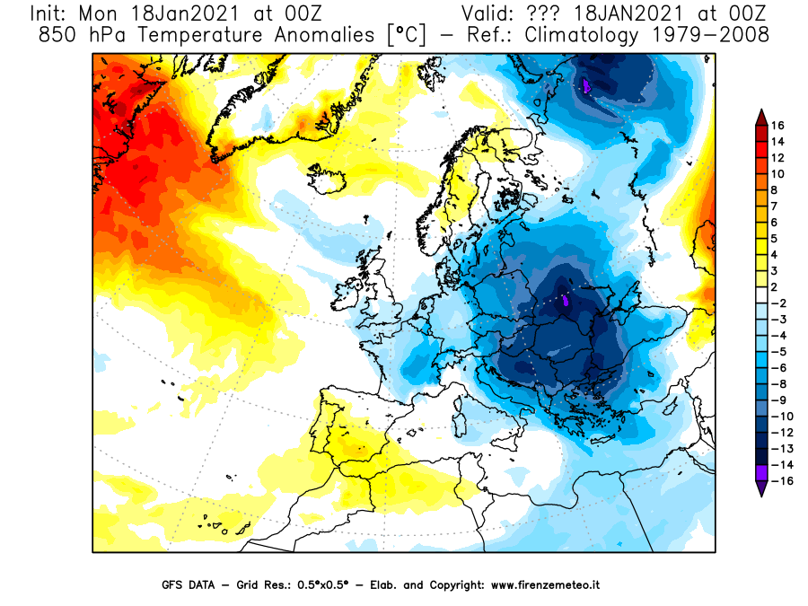 Mappa di analisi GFS - Anomalia Temperatura [°C] a 850 hPa in Europa
									del 18/01/2021 00 <!--googleoff: index-->UTC<!--googleon: index-->