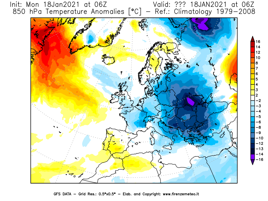 Mappa di analisi GFS - Anomalia Temperatura [°C] a 850 hPa in Europa
									del 18/01/2021 06 <!--googleoff: index-->UTC<!--googleon: index-->