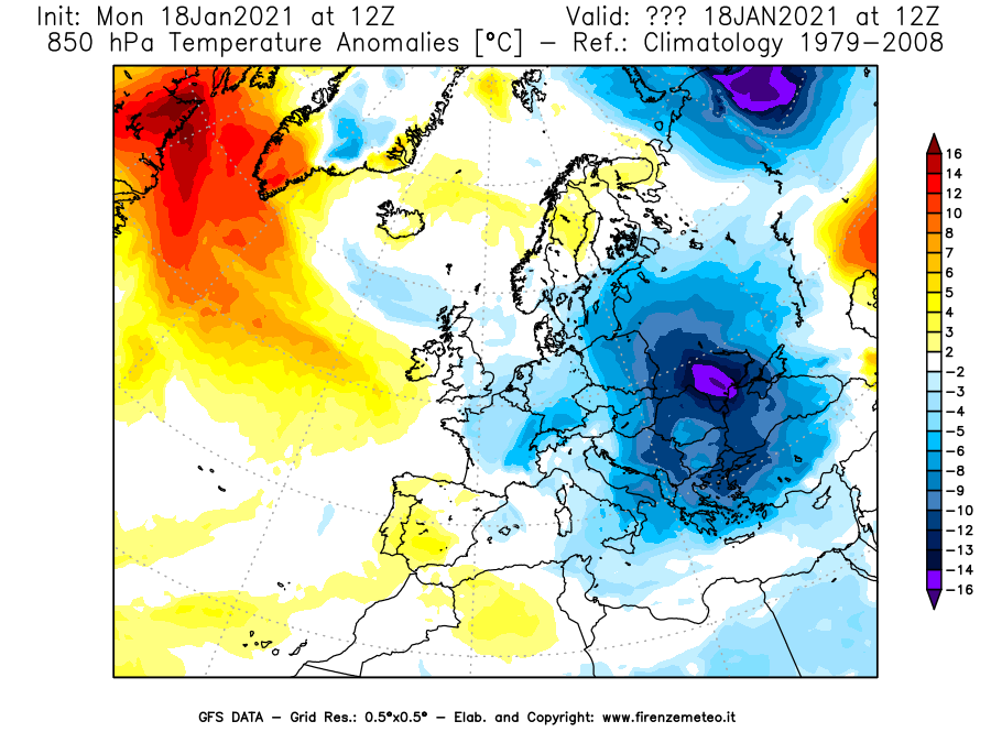 Mappa di analisi GFS - Anomalia Temperatura [°C] a 850 hPa in Europa
									del 18/01/2021 12 <!--googleoff: index-->UTC<!--googleon: index-->